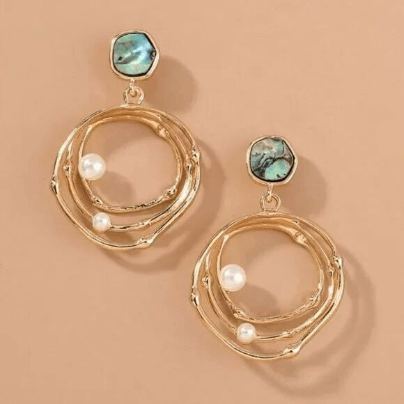 2/$21 Round Faux Abalone Pearl Dangle Earrings - Picture 2 of 7